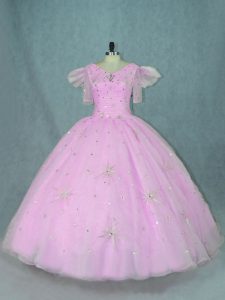 Lilac Zipper V-neck Beading 15th Birthday Dress Organza Short Sleeves