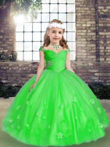 Tulle Straps Sleeveless Lace Up Beading and Hand Made Flower Little Girls Pageant Dress Wholesale in Green