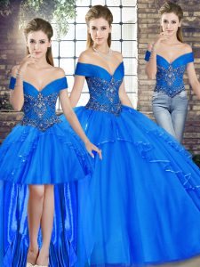 Off The Shoulder Sleeveless Sweet 16 Quinceanera Dress Floor Length Beading and Ruffles Royal Blue Tulle