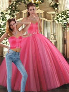 Sleeveless Floor Length Beading Lace Up Quinceanera Gown with Coral Red