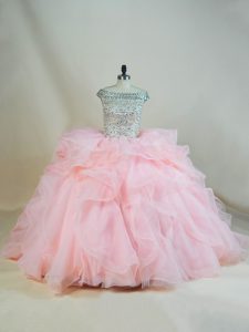 Affordable Black and Peach Sleeveless Brush Train Beading and Ruffles 15 Quinceanera Dress