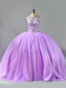 Scoop Sleeveless Sweet 16 Dress Floor Length Beading Lavender Tulle