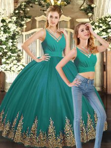 Turquoise V-neck Neckline Embroidery Sweet 16 Quinceanera Dress Sleeveless Backless