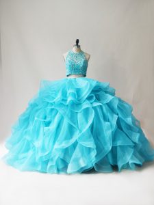 Halter Top Sleeveless Ball Gown Prom Dress Floor Length Beading and Ruffles Aqua Blue Organza