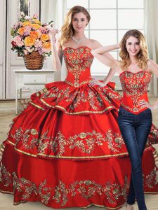 Red Two Pieces Sweetheart Sleeveless Satin and Organza Floor Length Lace Up Embroidery and Ruffled Layers Vestidos de Quinceanera