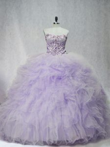 Lavender Tulle Lace Up Sweetheart Sleeveless Quinceanera Gown Brush Train Ruffles