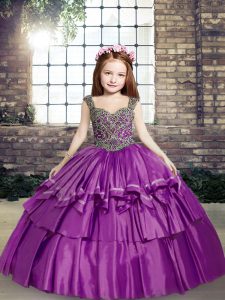 Sleeveless Taffeta Floor Length Lace Up Little Girls Pageant Dress in Purple with Beading
