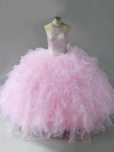 Beauteous Floor Length Pink Quinceanera Gown Tulle Sleeveless Beading and Ruffles