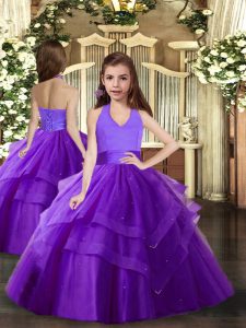 Hot Selling Ruffled Layers Little Girl Pageant Dress Purple Lace Up Sleeveless Floor Length