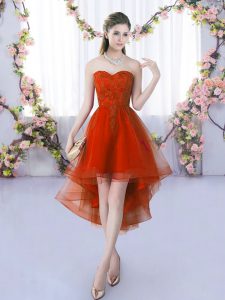 Sweetheart Sleeveless Dama Dress for Quinceanera High Low Lace Rust Red Tulle