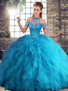 Exquisite Floor Length Blue Ball Gown Prom Dress Tulle Sleeveless Beading and Ruffles