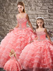 Suitable Straps Sleeveless Organza Quinceanera Dresses Beading and Ruffled Layers Court Train Lace Up