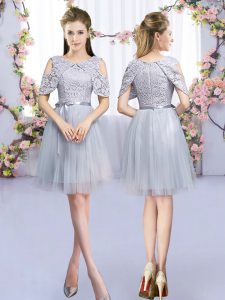 Colorful Mini Length Grey Vestidos de Damas Tulle Sleeveless Lace and Belt