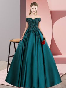Sleeveless Satin Floor Length Zipper 15th Birthday Dress in Teal with Lace