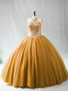 Smart Gold Ball Gowns Beading Sweet 16 Quinceanera Dress Lace Up Tulle Sleeveless