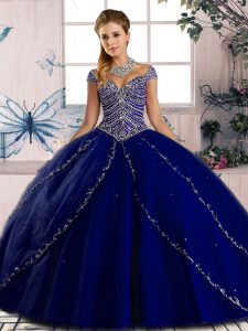 Royal Blue Sweetheart Lace Up Beading Ball Gown Prom Dress Brush Train Cap Sleeves