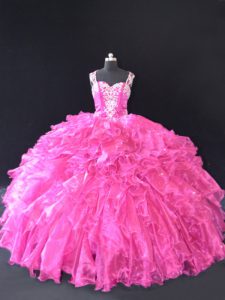 Fuchsia Organza Lace Up Straps Sleeveless Floor Length Quinceanera Dress Beading and Ruffles