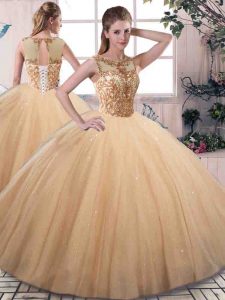 Sumptuous Scoop Sleeveless Quinceanera Dress Floor Length Beading Gold Tulle