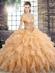 Perfect Gold Off The Shoulder Lace Up Beading and Ruffles Sweet 16 Dresses Brush Train Sleeveless
