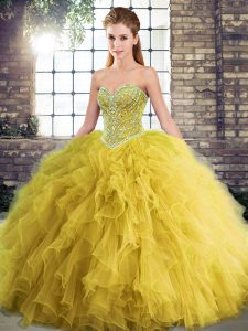 Wonderful Gold Ball Gowns Tulle Sweetheart Sleeveless Beading and Ruffles Floor Length Lace Up Vestidos de Quinceanera