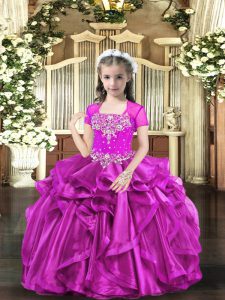 Stylish Fuchsia Organza Lace Up Straps Sleeveless Floor Length Little Girl Pageant Dress Beading and Ruffles