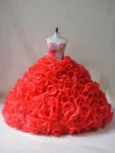 Colorful Fabric With Rolling Flowers Sweetheart Sleeveless Court Train Lace Up Beading and Ruffles Sweet 16 Dress in Red