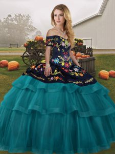 Amazing Lace Up Sweet 16 Dresses Teal for Military Ball and Sweet 16 and Quinceanera with Embroidery and Ruffled Layers Brush Train