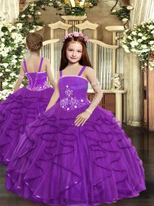 High Quality Sleeveless Floor Length Ruffles Lace Up Little Girl Pageant Gowns with Purple