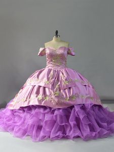 Extravagant Beading and Embroidery and Ruffles Quince Ball Gowns Lavender Lace Up Sleeveless Chapel Train