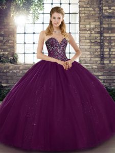 Glittering Sweetheart Sleeveless Quinceanera Gowns Floor Length Beading Dark Purple Tulle