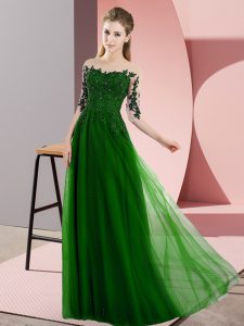 Designer Green Empire Beading and Lace Court Dresses for Sweet 16 Lace Up Chiffon Half Sleeves Floor Length