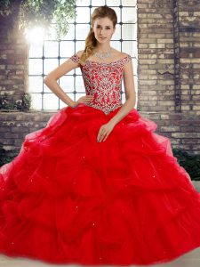 Beading and Pick Ups 15 Quinceanera Dress Red Lace Up Sleeveless Brush Train