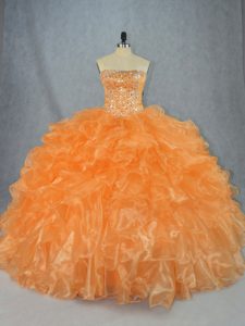 Modest Floor Length Ball Gowns Sleeveless Orange Quinceanera Dress Lace Up