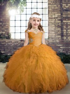 Fancy Sleeveless Floor Length Beading and Ruffles Lace Up Girls Pageant Dresses with Gold