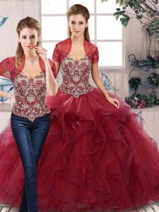 Fashionable Burgundy Lace Up Vestidos de Quinceanera Beading and Ruffles Sleeveless Floor Length