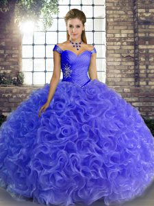 Ball Gowns Vestidos de Quinceanera Blue Off The Shoulder Fabric With Rolling Flowers Sleeveless Floor Length Lace Up