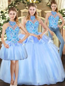 Floor Length Lace Up Quinceanera Gowns Blue for Military Ball and Sweet 16 and Quinceanera with Embroidery