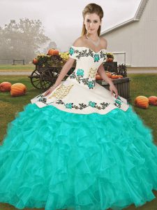 Comfortable Embroidery and Ruffles 15 Quinceanera Dress Turquoise Lace Up Sleeveless Floor Length