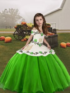 Green Sleeveless Floor Length Embroidery Lace Up Little Girl Pageant Dress