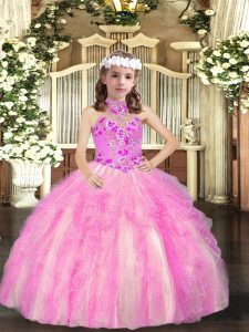Perfect Floor Length Lace Up Little Girl Pageant Gowns Lilac for Party and Sweet 16 and Wedding Party with Appliques