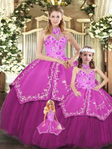 Attractive Ball Gowns Sweet 16 Dresses Fuchsia Halter Top Satin and Tulle Sleeveless Floor Length Lace Up