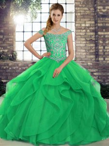 Gorgeous Green Tulle Lace Up Off The Shoulder Sleeveless 15th Birthday Dress Brush Train Beading and Ruffles