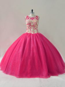 Nice Hot Pink Tulle Lace Up Scoop Sleeveless Floor Length Quinceanera Dress Appliques