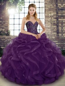 Floor Length Lace Up Quinceanera Gowns Dark Purple for Military Ball and Sweet 16 and Quinceanera with Beading and Ruffles
