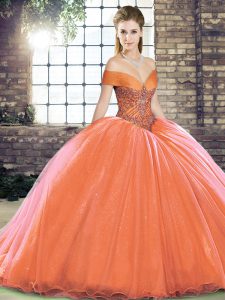 Pretty Orange Red Sleeveless Organza Brush Train Lace Up Quinceanera Dresses for Military Ball and Sweet 16 and Quinceanera