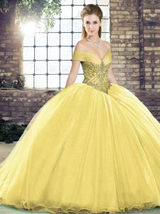 Great Gold Ball Gowns Organza Off The Shoulder Sleeveless Beading Lace Up Quinceanera Dress Brush Train