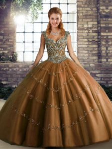 Simple Sleeveless Floor Length Beading and Appliques Lace Up Ball Gown Prom Dress with Brown