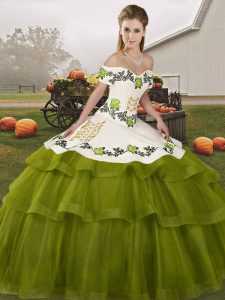 Hot Selling Olive Green Tulle Lace Up Off The Shoulder Sleeveless Quince Ball Gowns Brush Train Embroidery and Ruffled Layers