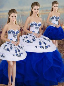 Luxurious Sleeveless Tulle Floor Length Lace Up Quince Ball Gowns in Royal Blue with Embroidery and Ruffles and Bowknot