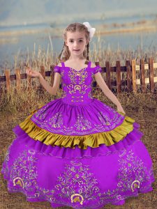 Purple Ball Gowns Beading and Embroidery Little Girl Pageant Dress Lace Up Satin Sleeveless Floor Length